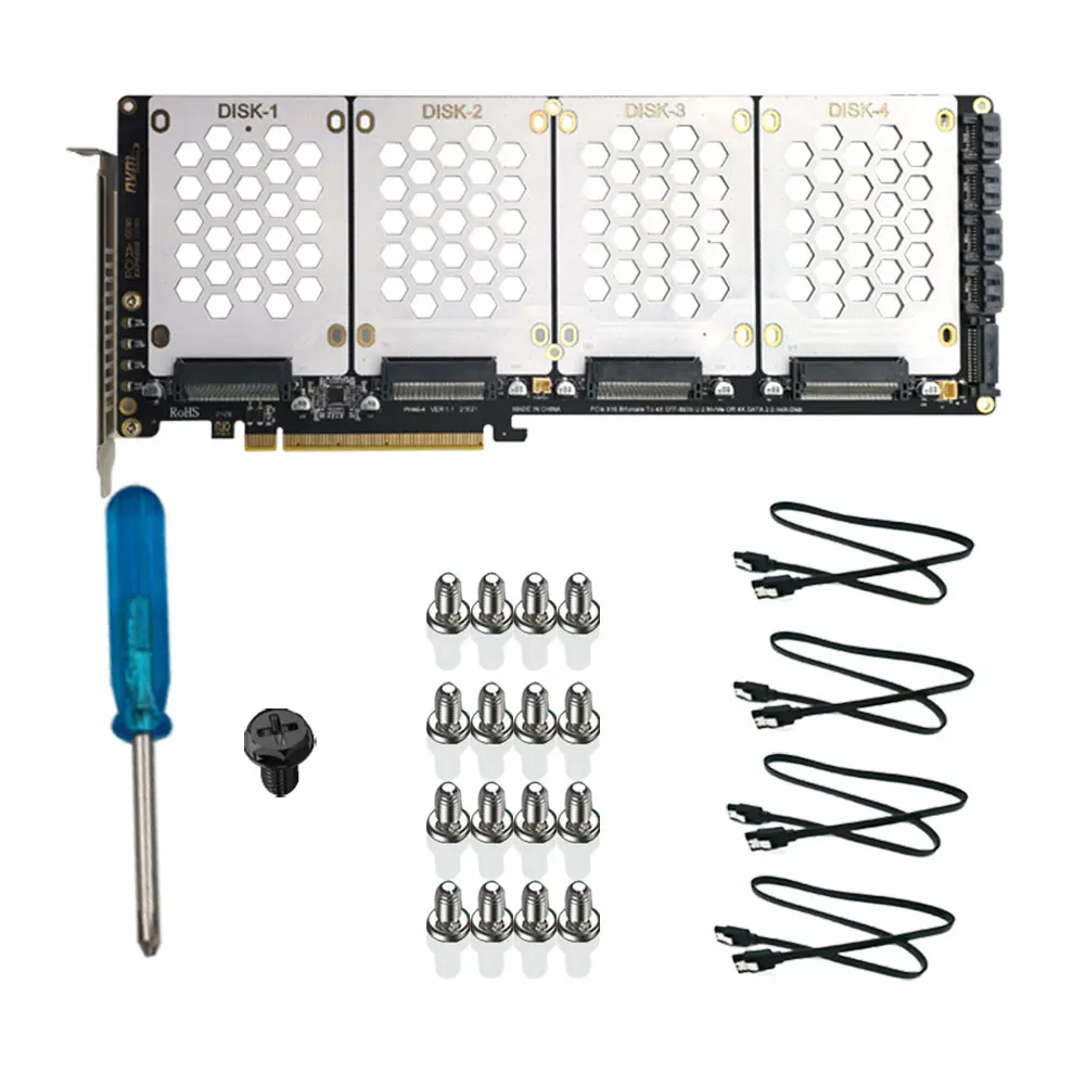 4-Port NVMe Interfaces To PCIe X16 Converter Card Motherboard Support PCIe X4x4x4x4 Bifurcation with LED Indicator