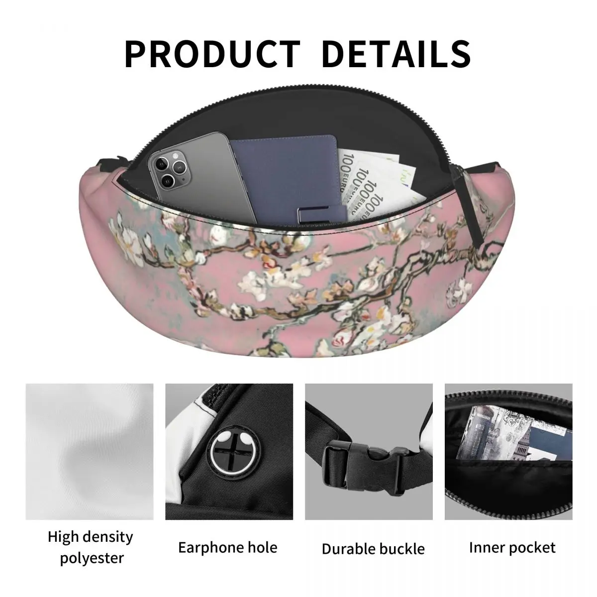 Amandier Blossoms Crossbody Waist Bag, Fanny Pack, Fit for Traveling, Phone, Money Powder, Men and Women, Vincent Van Gogh