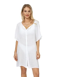 Dames Losse Badpak Cover-Ups Lichtgewicht Strandzwemkleding Button Down Shirt Korte Mouw Effen Mini Jurk