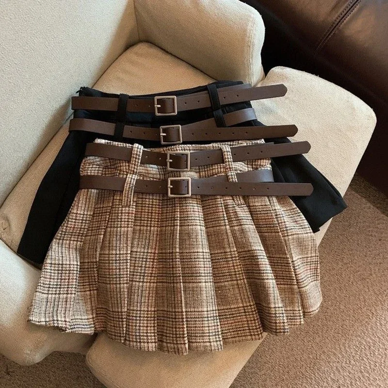 Spring Autumn Girls Pleated Skirt Baby Kids Skort Children Fashion Bottoms Check Plaid Solid Waist Belt 3-14 kids girls clothes