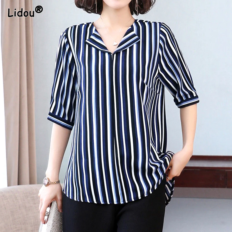 

2023 Women's Clothing Summer Thin V-neck Simplicity Striped Pullovers Loose Office Lady Elegant Fashion Elbow Sleeve T-Shirts