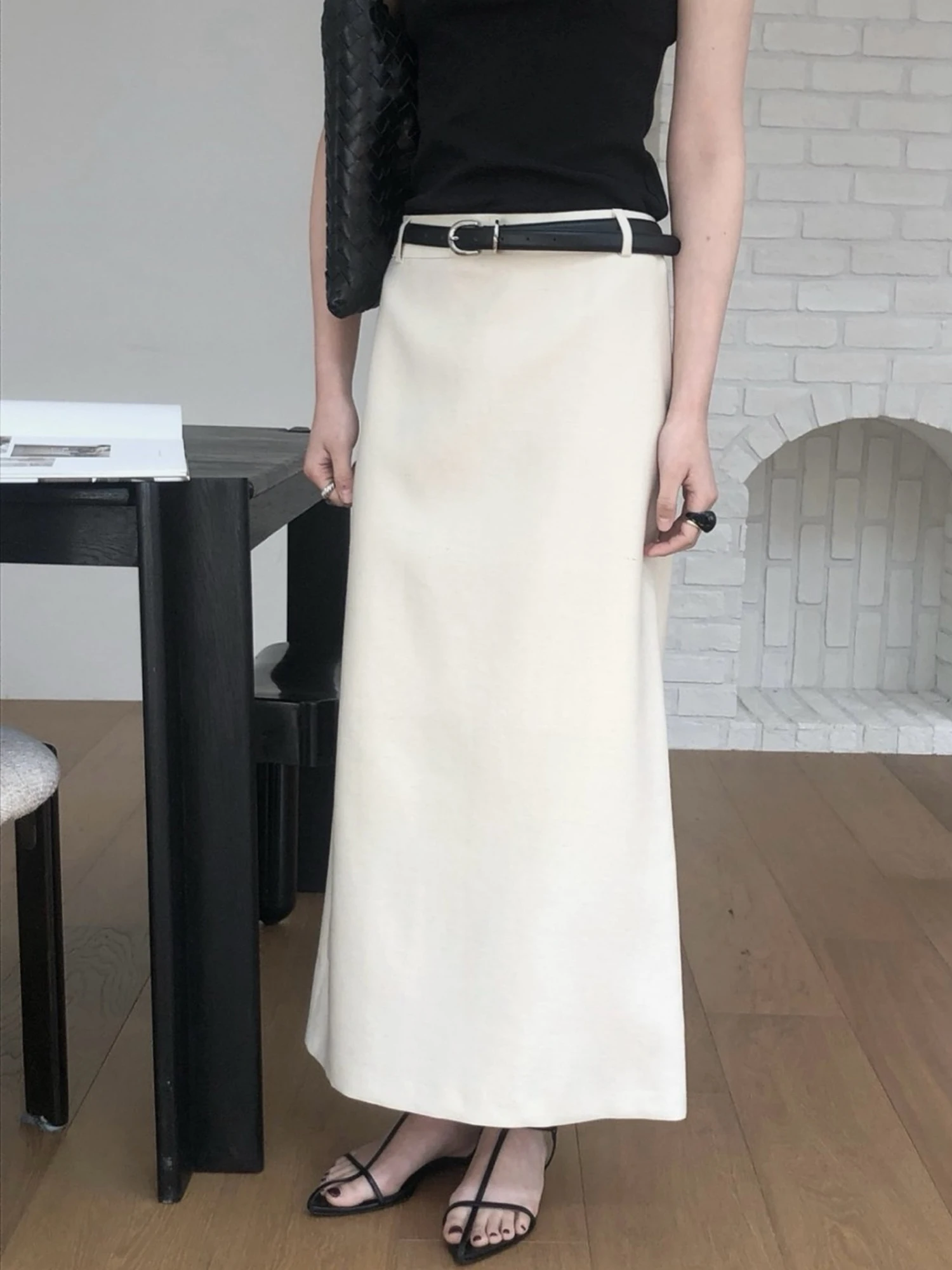 High Waist Straight Leg Skirt Women's Suit Color Half Length Zipper Back Split Fashionable Commute Casual Polyester Skirt