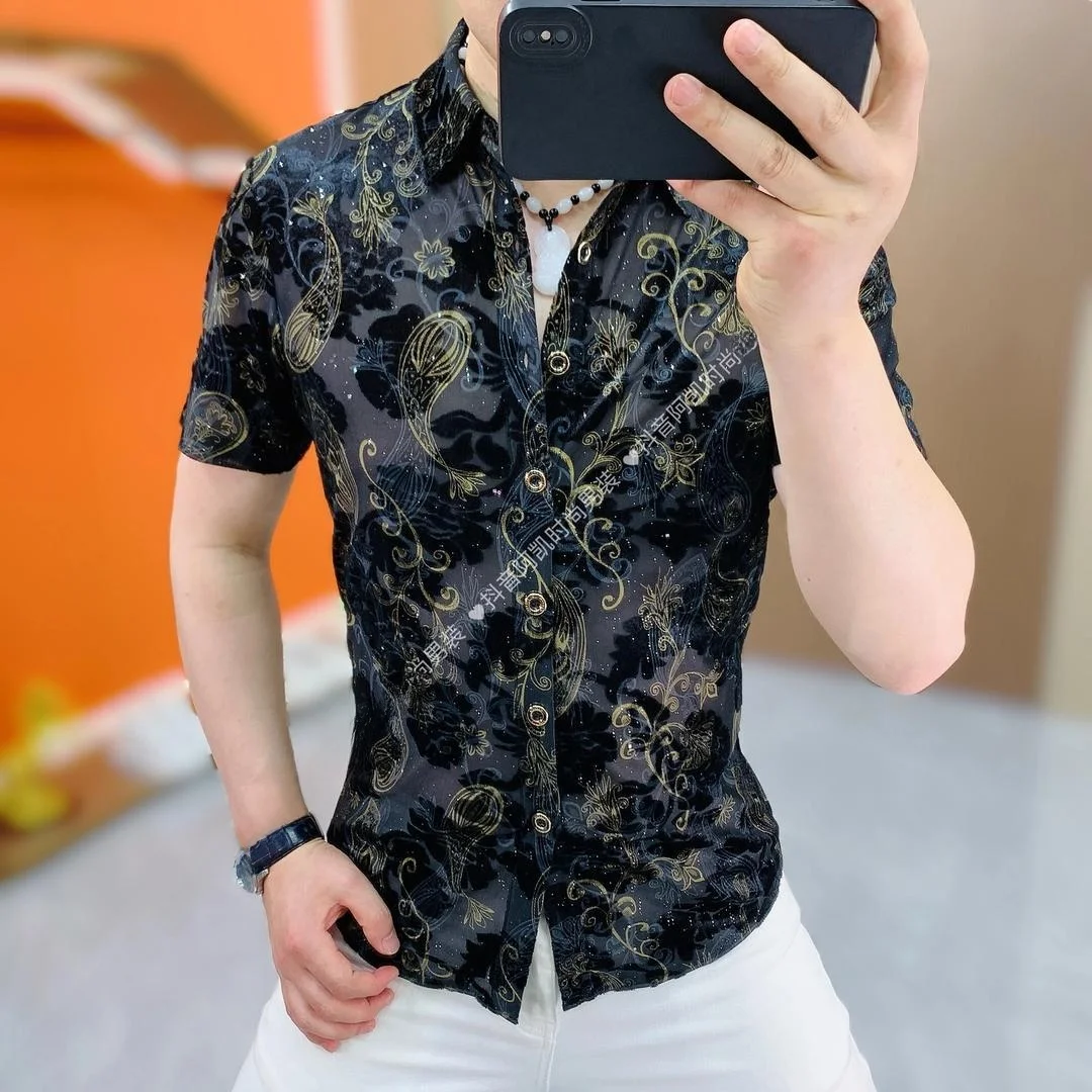 

High Quali Ice Silk Hollow out Men's ort Sve irt Breathable Comfortable Summer New Arrival Slim Fit Inner Wear Casual