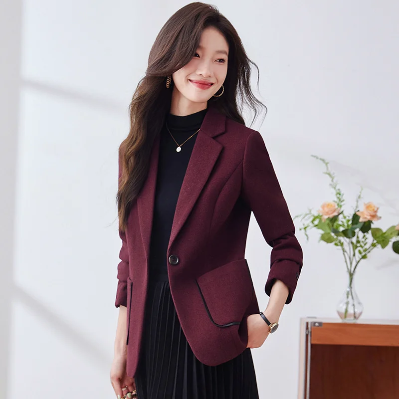 2025 Autunno Inverno Donna Giacca da abito rosso vino Giacca da donna Giacca da donna Manica lunga con bottone singolo Giacca formale Cappotto Capispalla femminile