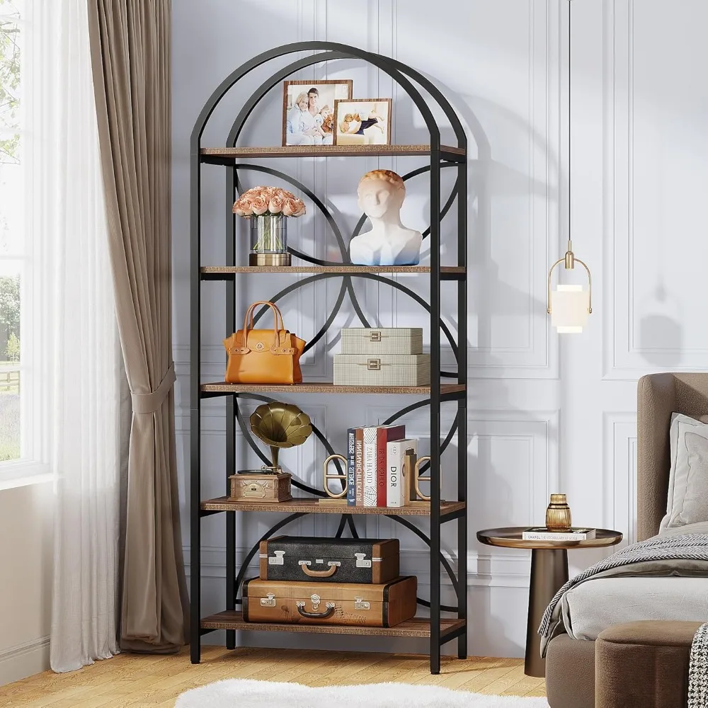 75 Inch Tall 5-Tier Arched Bookcase with Industrial Metal Frame Storage Organizer