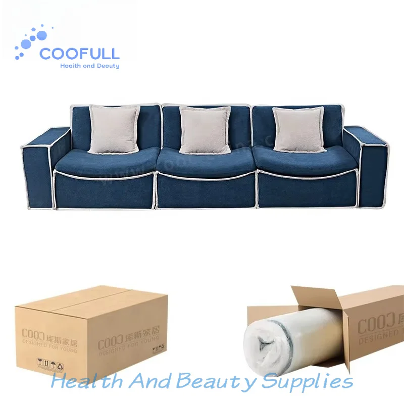 Coofull Foshan Factory Modern Blue Fabric Three Seater Foam Boneless Couch Sectional Living Room Vacuum Compressed Sofa in Box