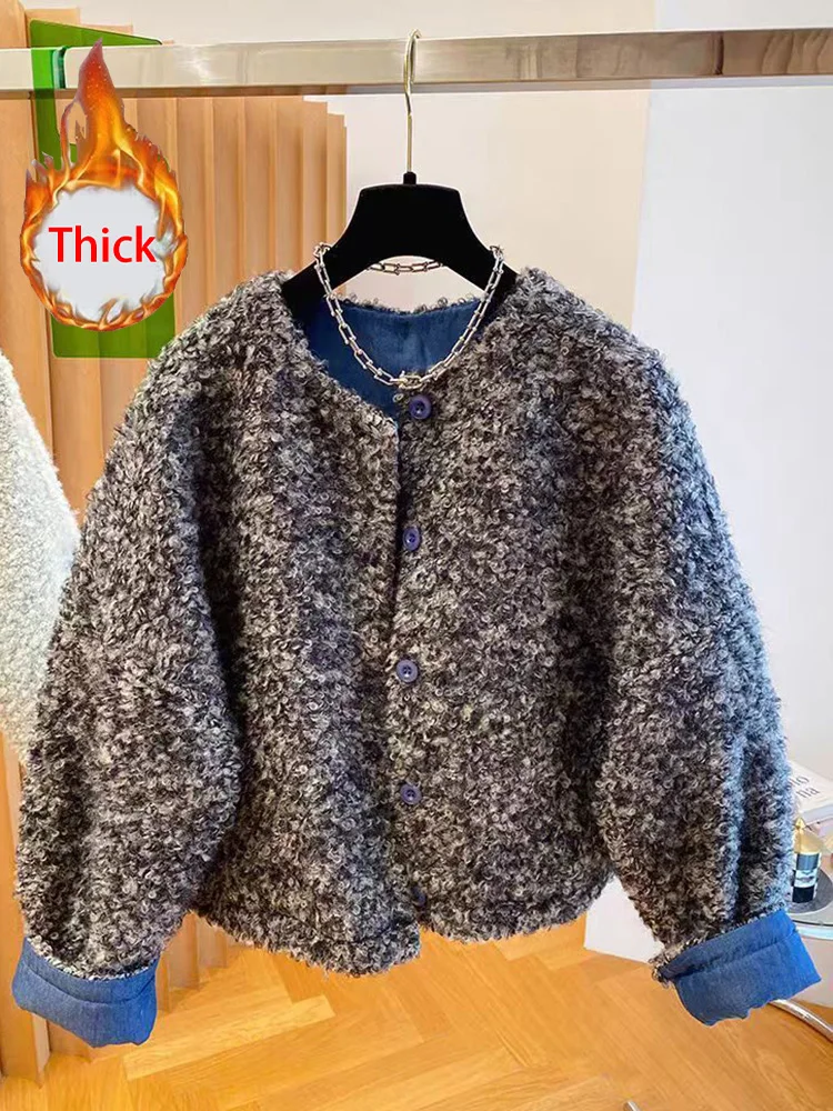 

Vintage Women Faux Lamb Coat Winter Warm Patchwork Long Sleeve Retro Jacket Harajuku Retro O Neck Single Breasted Outwear Tops