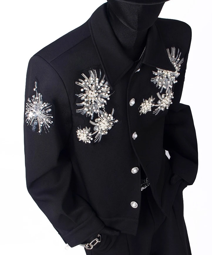 سترة رجالية جديدة لخريف 2025 أنيقة مطرزة باللؤلؤ معاطف عصرية وسيم للرجال سترات فضفاضة مريحة بأكمام طويلة #2