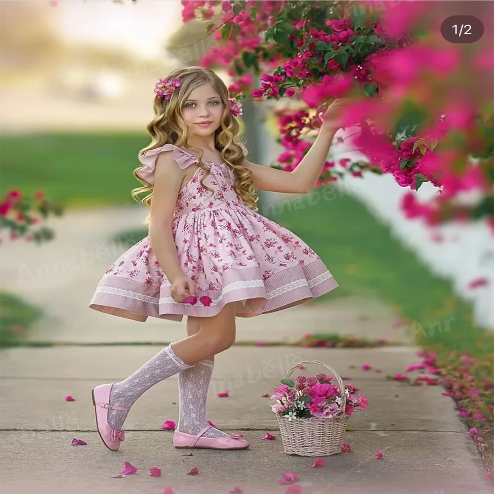 Annabelle Prinzessin Kleid Plissee Druck Spaghetti träger Kleid Blume Baby Kleid für die Erstkommunion Baby Mädchen Cown