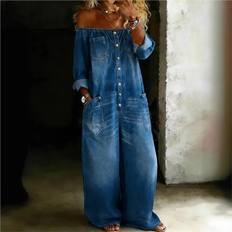 Fashion Retro Imitation Denim Jumpsuit for Women 2026 Summer Single-Breasted Off-shoulder Long Loose Jumpsuit Overall Pants