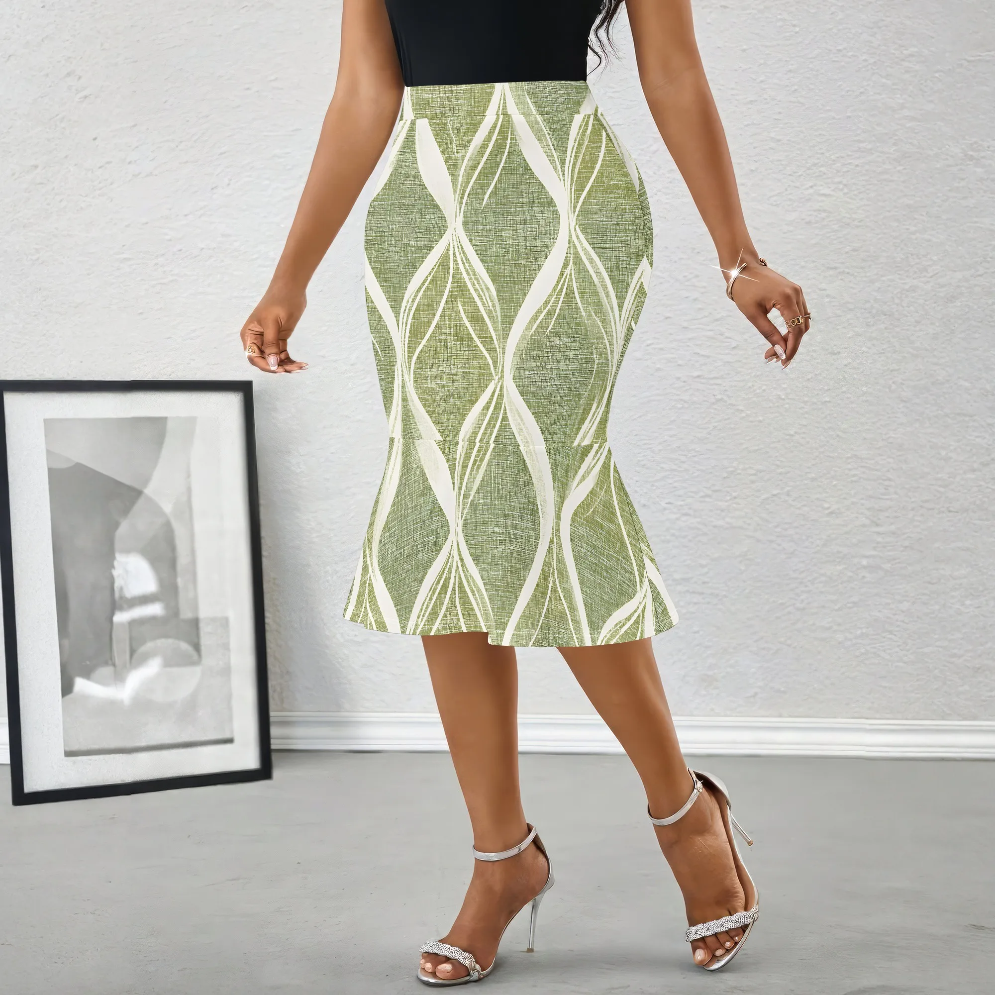 Leaf Print Skirt, Abstract Pattern Midi Pencil Skirt, Green Botanical Design Women's Fashion, Office Party Wear S-2XL