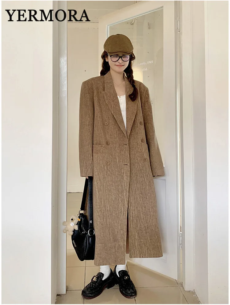 YERMORA Korean Long Blazer With Sleeves Women Lapel Solid Color Double Breasted Retro Coat Versatile 2024 New Clothing