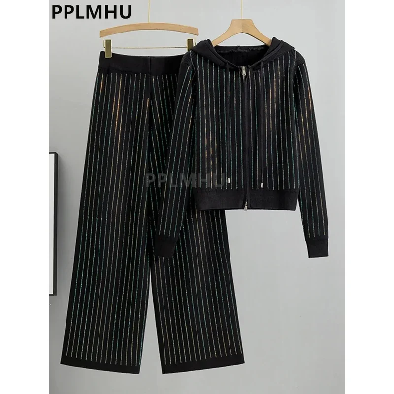 New Knitting Straight Pants/Skirts Suits Bright Silk Striped Knit 2 Piece Sets Women korean Thick Short Hooded Cardigan Conjunto