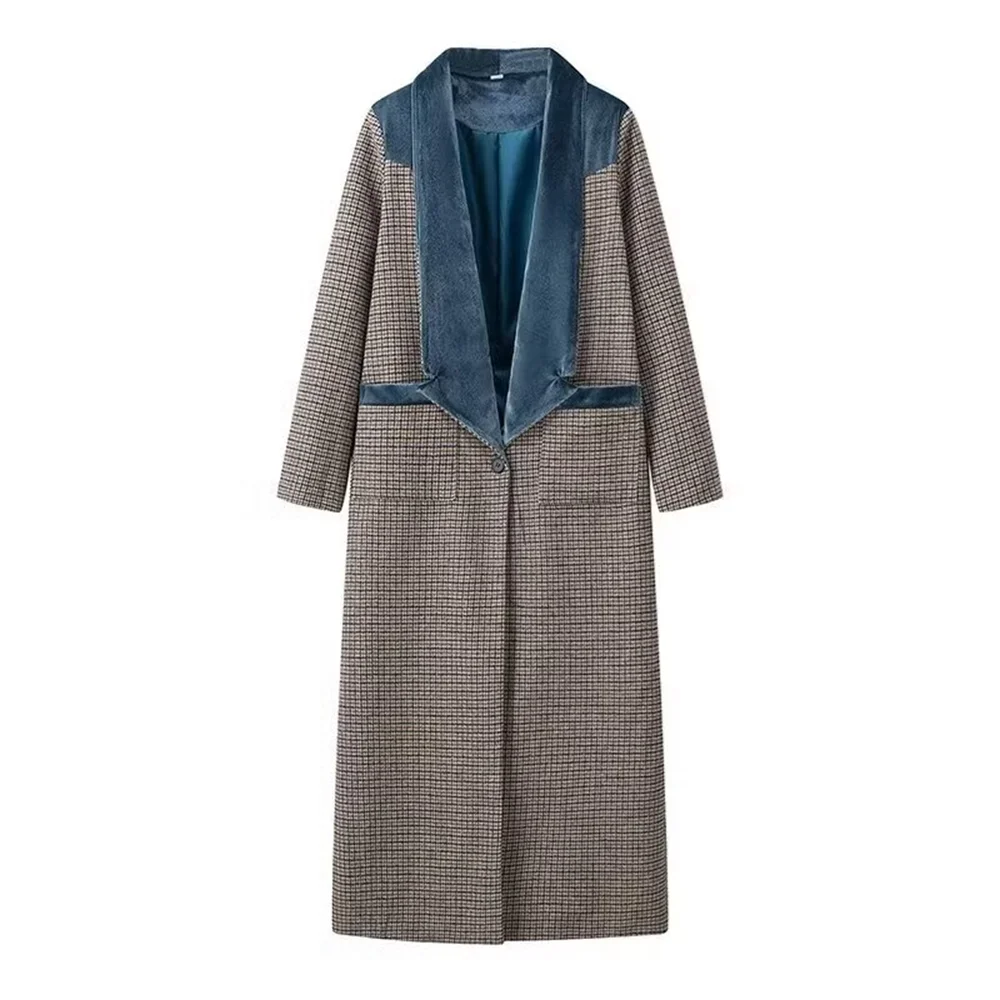 PB & ZA2024 autunno nuovo abbigliamento donna temperamento alla moda versatile lungo plaid splicing cappotto a maniche lunghe in lana