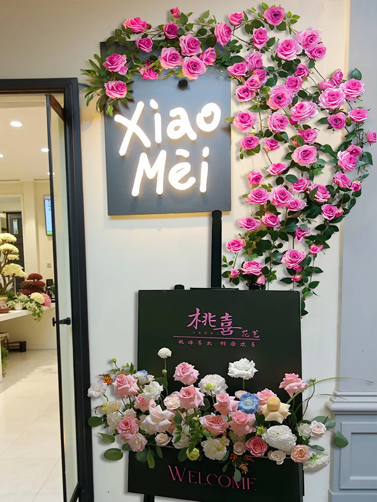 Rose wall decoration, simulation flower vine landscaping, check-in background wall, air conditioning pipe layout, waterfall flow