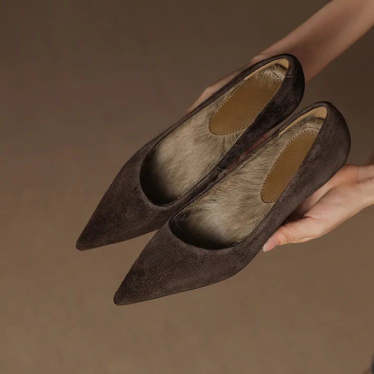 

Vintage Dark Brown Suede Women Pumps Rabbit Fur Inside Warm High Heels Winter Office Lady Formal Working Stilettos Zapatos Mujer
