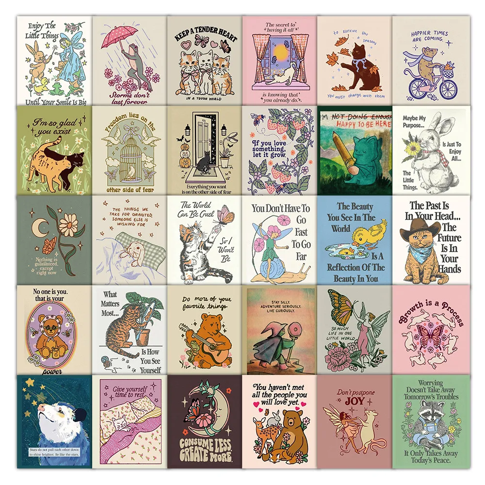 50Pcs Retro Spiritual Quotes Illustration Stickers for Journal Decor Giajar Sticker Store
