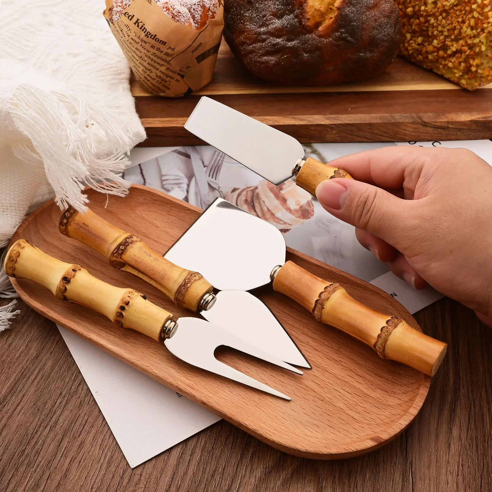 6Pcs Steel Stainless Cheese Cutter Knives Natural Bamboo Handle Cheese Slicer Cheese Cutter Tableware Kitchen Baking Tool Set