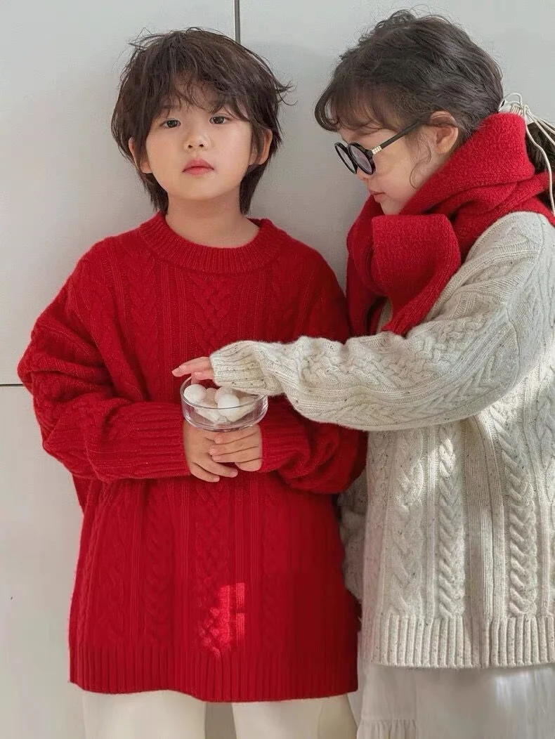 

Girls Red Twist Sweater 2024 Winter New Foreign Style Loose Simple Casual Fashion Sweater Korean Simple Style Clothes Top