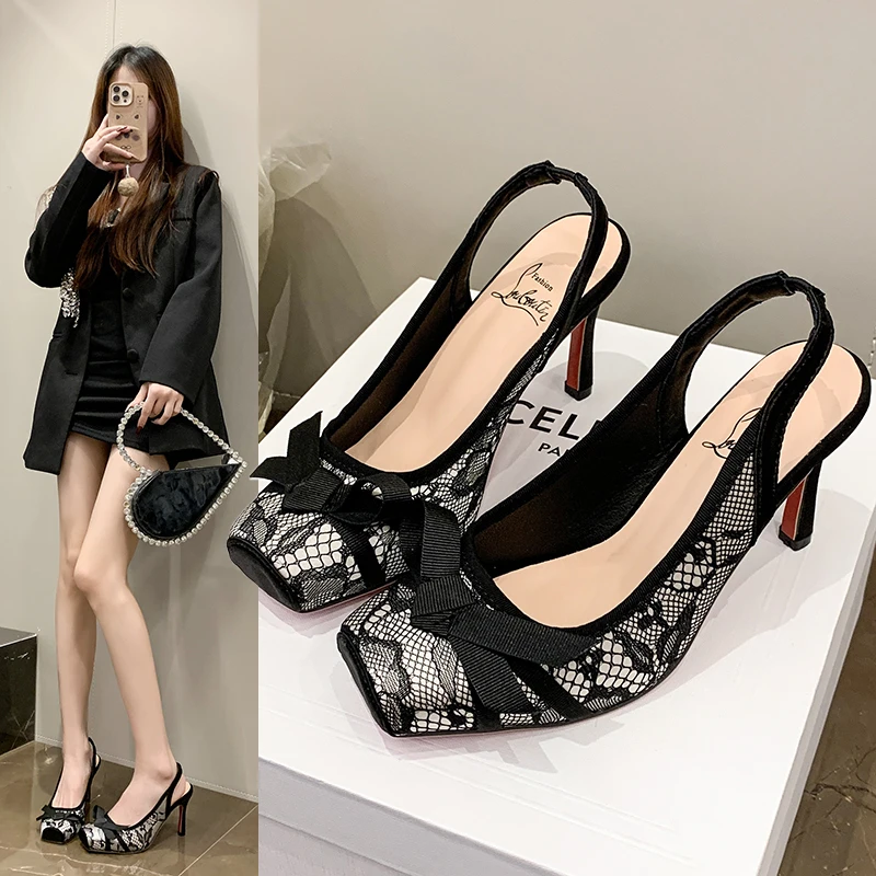 

2026Новые женские туфли на высоком каблуке-шпильке с французским бантом и квадратным носком, сексуальные и модные кружевные сандалии