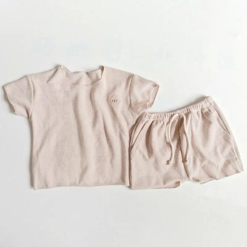 2024 New Baby Girl Waffle Pajama Set Homewear Short Sleeves Top And Shorts Matching Casual Boys Sets Simple Infant Loungewear