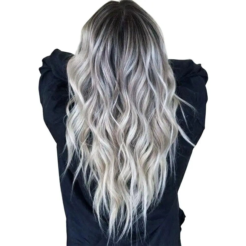 Peruca de cabelo sintético ondulado longo para mulheres e meninas, perucas naturais completas, resistente ao calor, Ombre Silver, cosplay Party