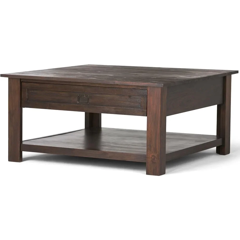 SOLID WOOD 38 Inch Wide Square Rustic Coffee Table in Distressed Charcoal Brown For the Living Room and Family Room Furniture