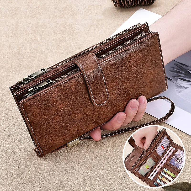 

Men's Long Wallet Large Capacity Phone Bags Leather Trifold Card Holder Double Zipper Coin Purse Strap Clutch Bag Wallet for Man