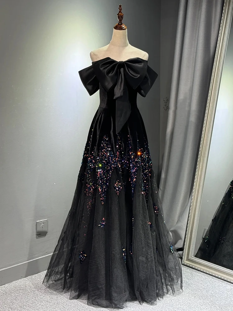 Black Evening Dress Light Luxury Minority High-End off-Shoulder French Art Exam Adult Ceremony Student Host Female Sense