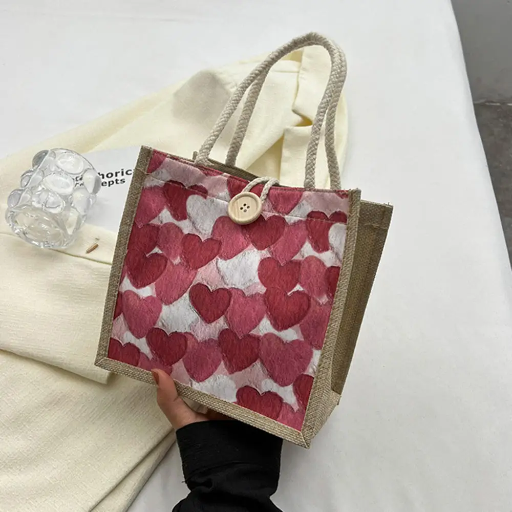 Sac à main motif cœur d'amour pour femme, grande capacité, lin, bouton, fermeture éclair, sac d'épicerie, décontracté, portable, sac à provisions, sac initié simple