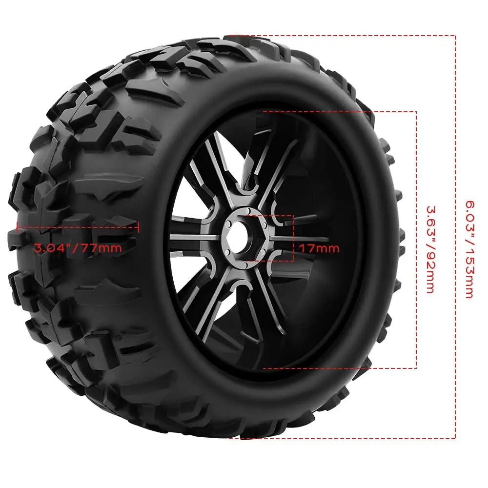 GLOBACT Hex RC Wheels Tires Monster Truck Buggy PreGlued RC Tires Rims with Foam Inserts for 1/10 TRX ERevo Arrma KRATON Ou