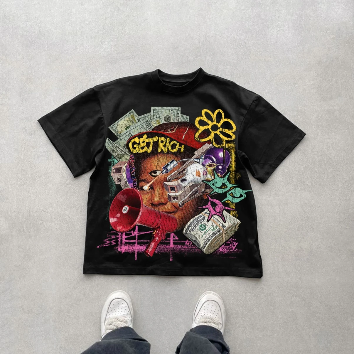 

Футболка Get Rich Boy с графическим хлопковым принтом и граффити, мужская летняя футболка большого размера с короткими рукавами, женские повседневные уличные футболки