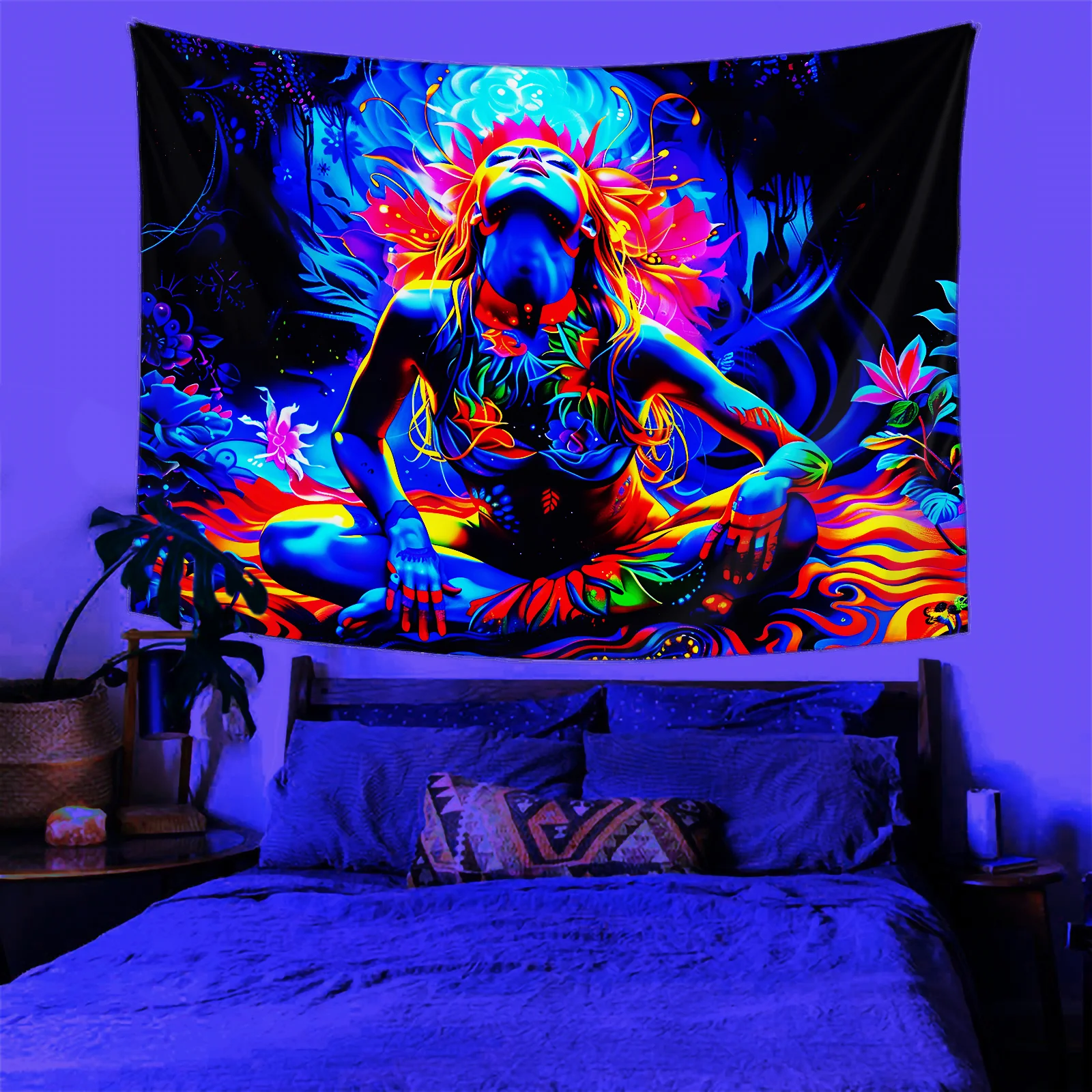 VIKAMA Psychedelic Meditation Woman Tapestry Colorful Yoga Goddess Wall Hanging Trippy Jungle Backdrop Boho Bedroom Decor