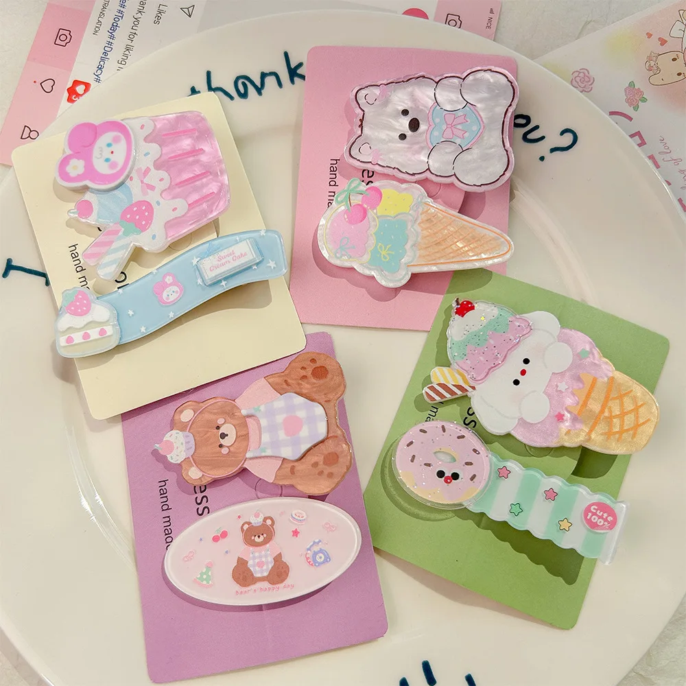 

8PCS Of Creative Cartoon Double Layer Acrylic Cute Hair Clips For Girls Featuring Sweet Bears And Puppies With Side Bang