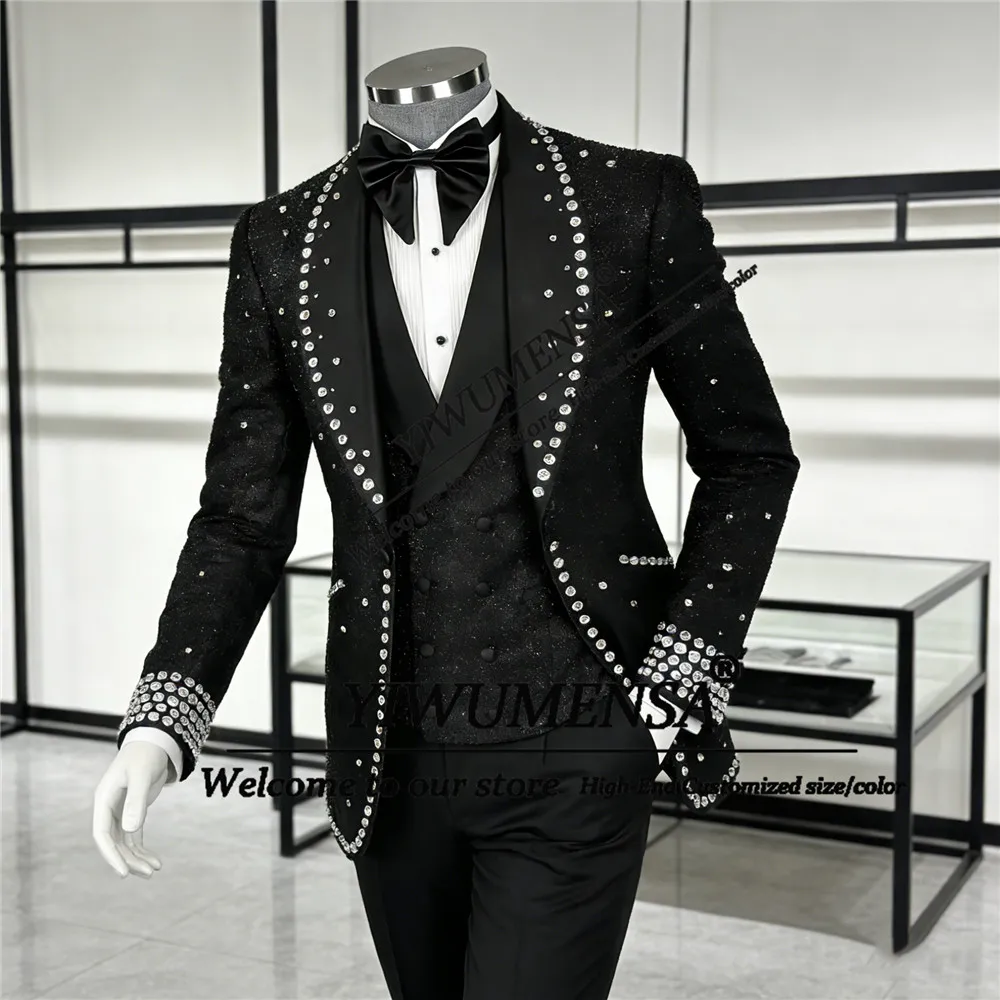 

Exquisite Beads Stones Suits Men Slim Fit Single Breasted Jacket Vest Pants 3 Piece Groom Wedding Tuxedos Customized Man Attire
