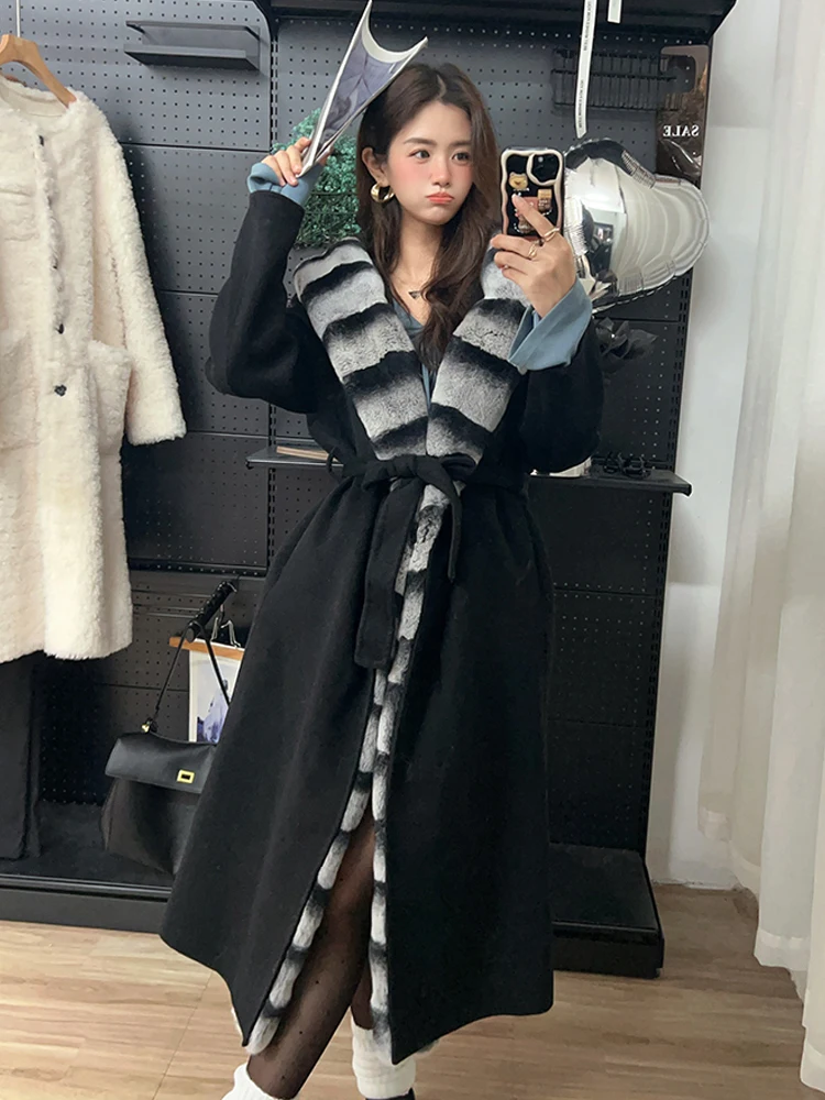 New Arrival Winter Female Real Fur Hood Coat Natural Rex Rabbit Fur Woolen Wool Blends Thick Warm Long Outerwear Belt Casual