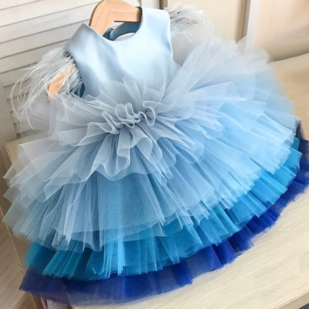 Classic Girl\'s Blue Pink Tiered Tulle Princess Birthday Party Dress with Feather for 1, 2, 3, 4, 5, 6,7,8,9,10,11,12Y Kids