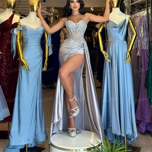 Bafftafe gümüş mermaid saten abiye aplikler dantel şeffaf, yuvası üst kadın resmi elbiseler, homecoming parti elbise, özel Elbisenin ilk 10 satışı saten ve gümüş 3 numara