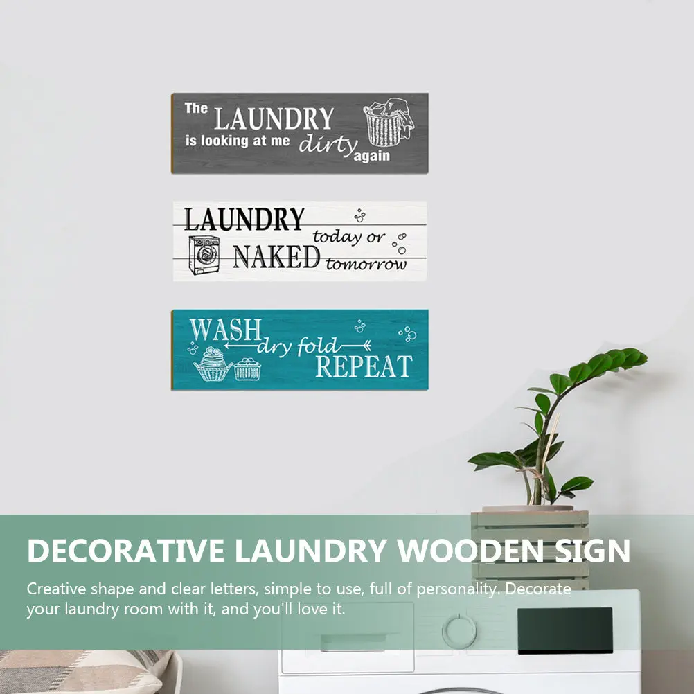 3Pcs Decorative Laundry Wooden Board Rustic Hanging Sign Laundry Room Wall Decor Farmhouse Style Indoor Wall Ornament