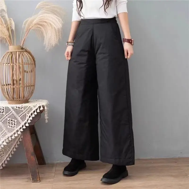 Cotton-padded Wide Leg Pants for Women 2024 New Winter Retro Literary Thick Warm Female Quilted Harem Pants Outerwear Trousers