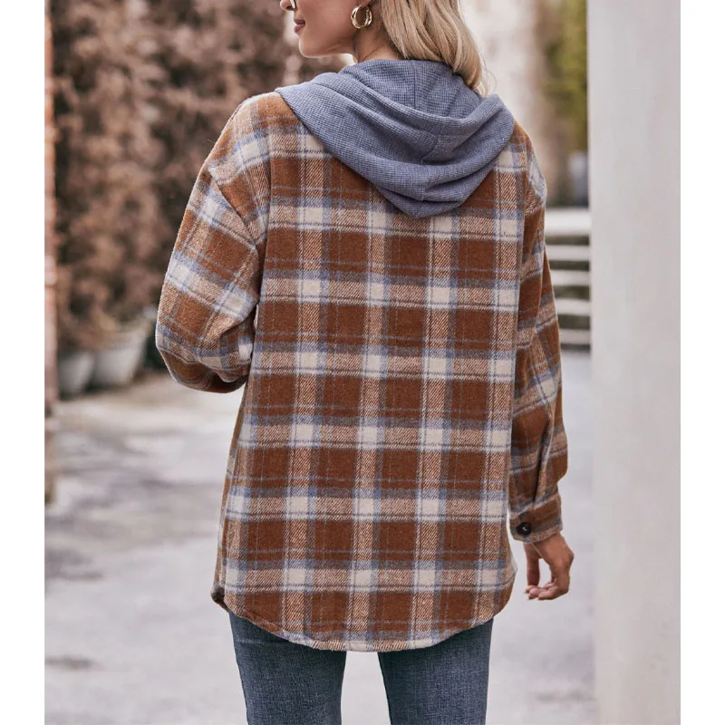 2023 New Autumn and Winter Trend Casual Simple Hooded Button Plaid Fashion Jacket Temperament Loose Commuting Women\'s Shirt