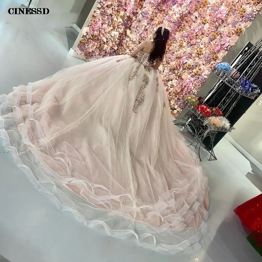 Precioso vestido de quinceañera rosa con Apliques de encaje, vestido de baile con hombros descubiertos, vestido de baile de graduación, vestidos de Mascarada escalonados de tul, 16