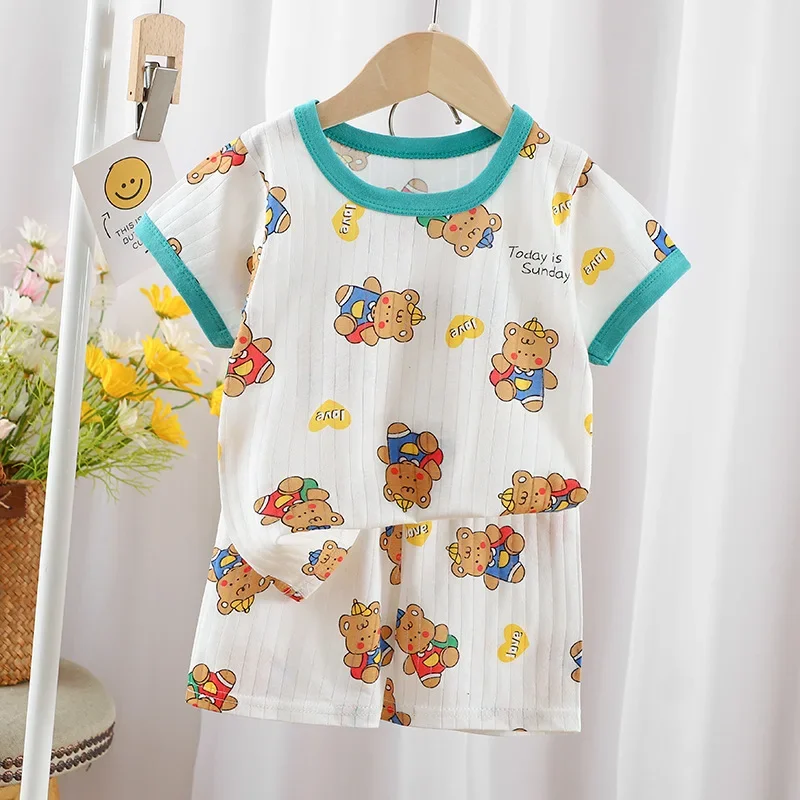 

New Kids Boys Girls Summer Pure Cotton Pajamas Cute Cartoon Dinosaur Short Sleeve T-Shirt Tops with Shorts Baby Clothing Sets