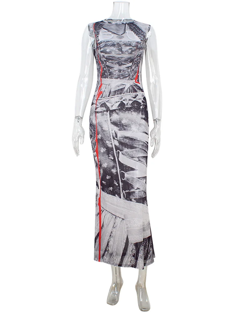 CNYISHE O Neck Printing Tank Sleeveless Sheath Elastic Fashion Evening Party Women Dresses Sexy Club Trendy Outfits Female Robes