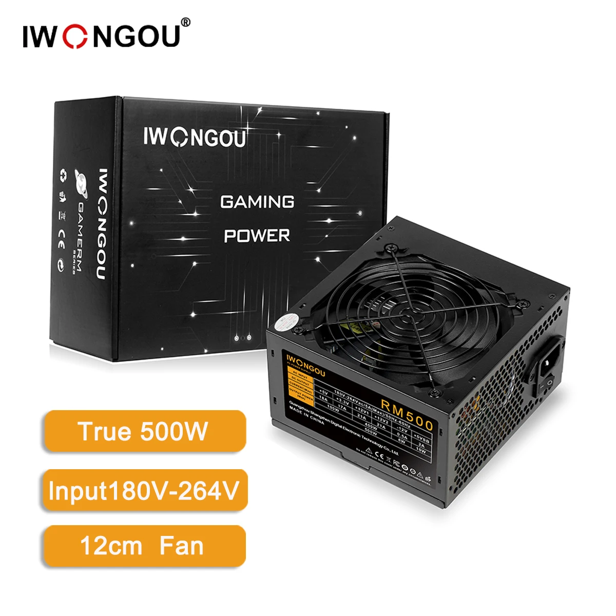 IWONGOU RM500W PC Power Supply Unit Black Gaming Quiet 120MM 24pin 12V ATX Desktop Computer Power Supply for BTC