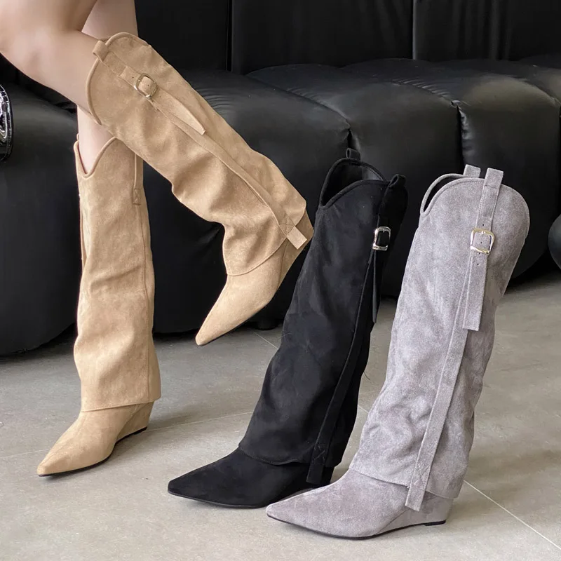 

Aneikeh Fashion Strap Buckle Wedges High Heels Woman Knee-High Boots Punk Style Pointed Toe Party Dress Female Shoes