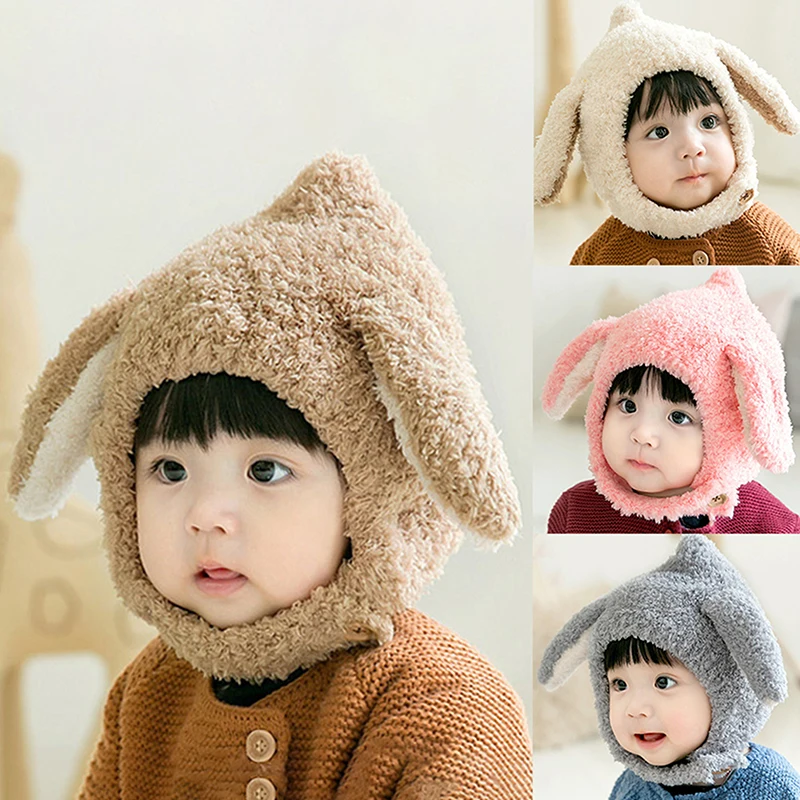 Cute Baby Hat Autumn Winter Rabbit Ears Soft Plush Warm Cap Kids Beanies Solid Color Earflap Hat Bonnet