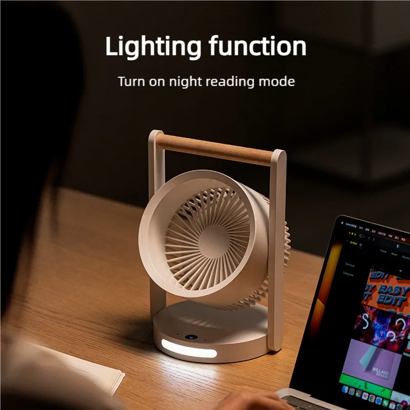 โต๊ะสำนักงานบ้านพัดลมทำความเย็นอากาศมีไฟ LED USB ชาร์จได้3600mAh พัดลมหมุนเวียนไร้สายแบบพกพาแบตเตอรี่