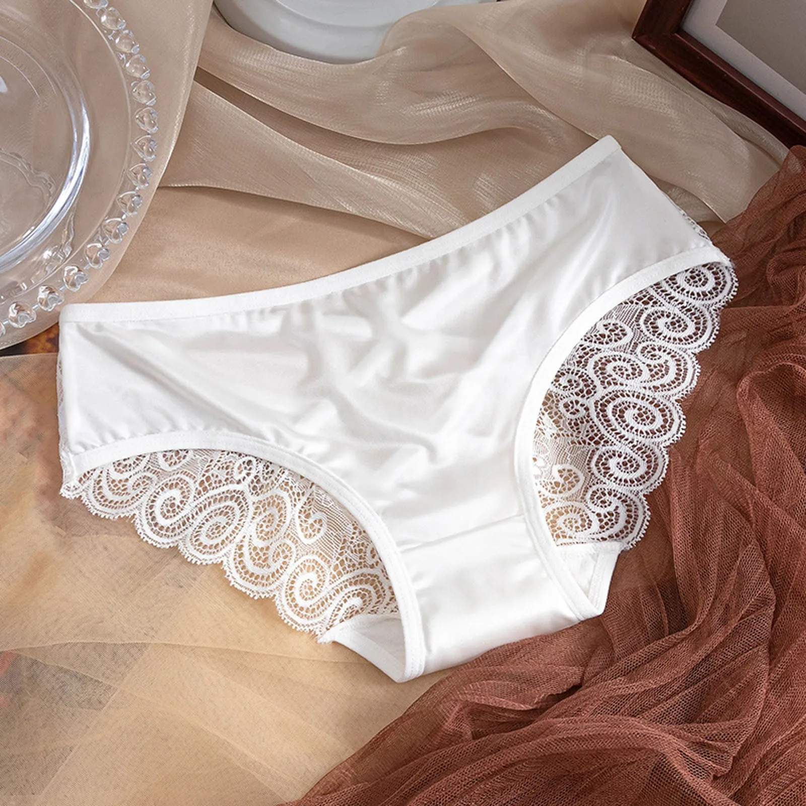 Low Waist Ice Silk Panties Women\'s Sexy Hollow Thin Strap Panties Comfortable Breathable Lace Satin Stitching BriefsLace Panties