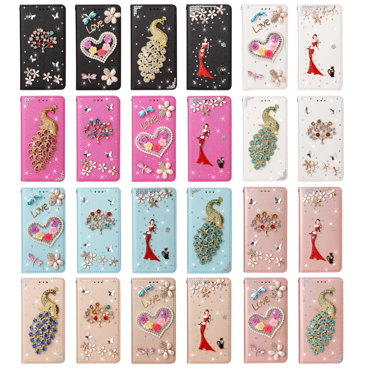 

Handmade Diamond Rhinestone Leather Flip Wallet Phone Case For Samsung Galaxy S9 S10 Plus S20 FE S21 Ultra Cards Cover